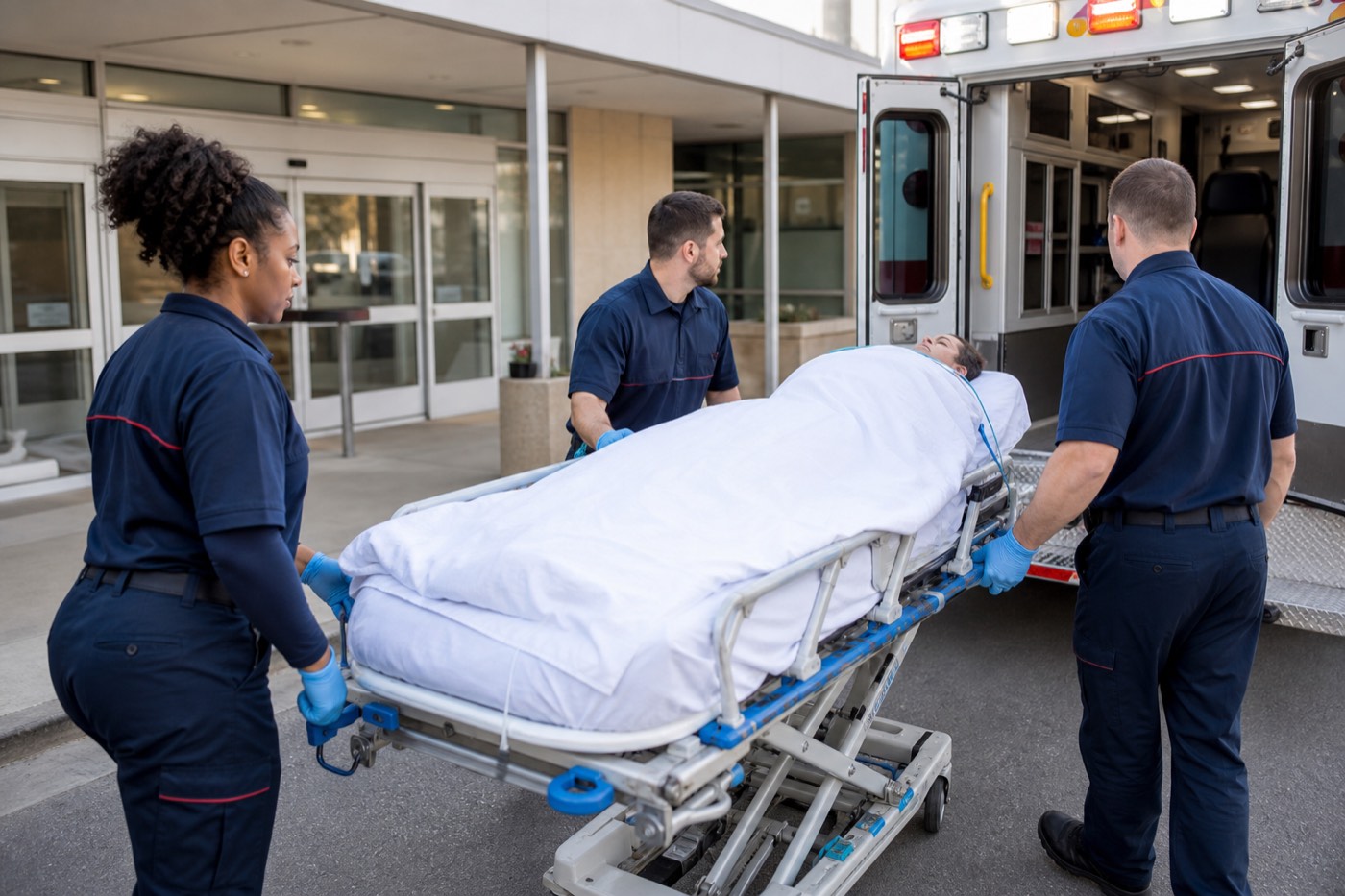 Targă medicală mutată cu grijă din spital spre ambulanță