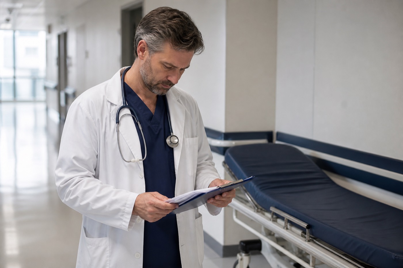 Medic citind un rezumat clinic înainte de a decide tipul de transport